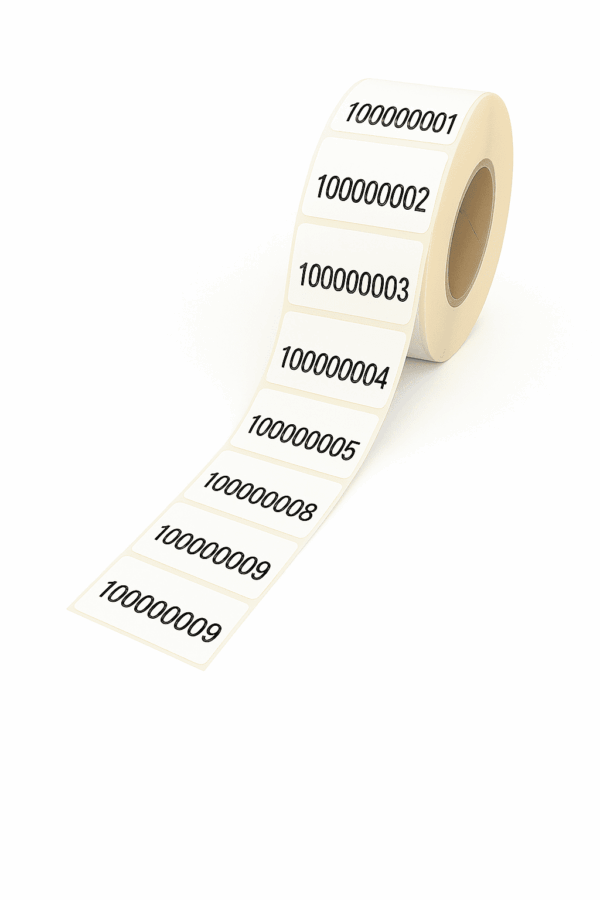 Fortlaufende Nummerierung - 50 x 20 mm - 2.500 Stück / Rolle - Innenwicklung (Fuß voraus) / 40er Kern - PET Folie